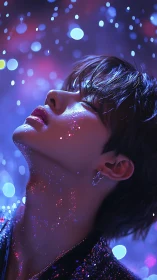 Star-kissed dreamer bathed in neon twilight glitter rain.