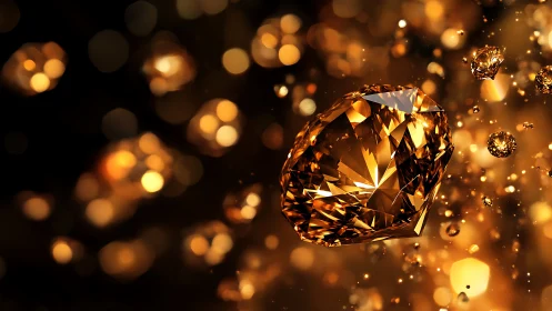 Golden gemstone cluster with radiant cinematic bokeh glow.
