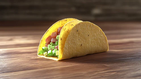 3D taco shells with diced filling on wooden table surface.