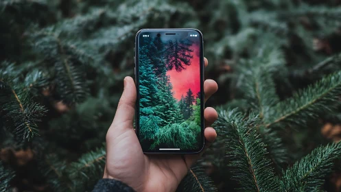 Pocket portal forest framed by neon dusk sky in hand.