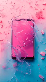 Broken smartphone screen with shattered glass on neon background.