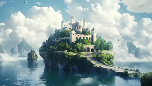 Floating Castle on Island Peak. Clouds, Water, Fantasy Architecture.