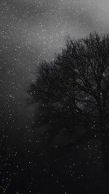 Bare tree silhouette in steady nighttime snowfall scene.