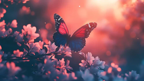 Digital painting of butterfly in dusk floral bokeh field.