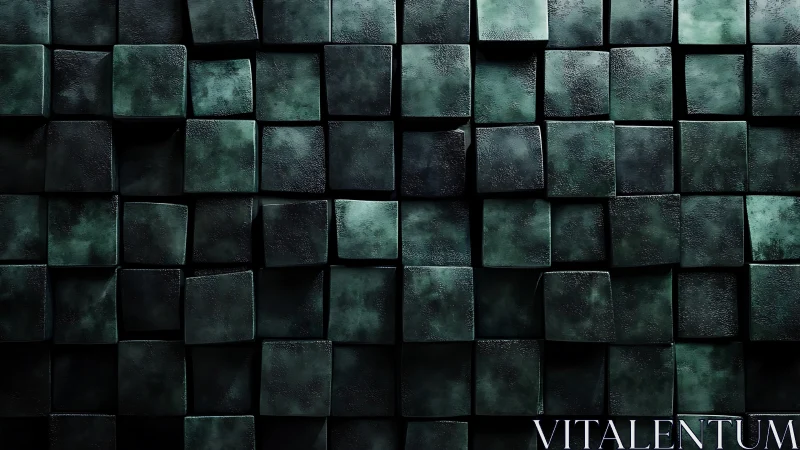 Grid of dark textured cubic tiles forms a recessed wall surface