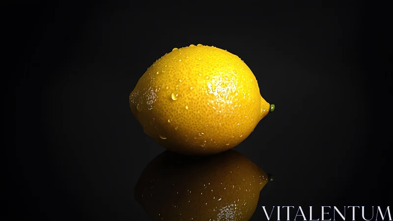 Single whole lemon on reflective black surface.