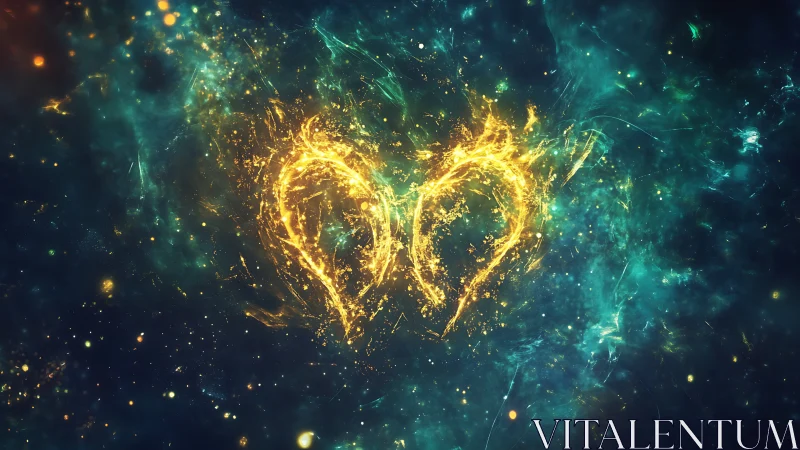 Golden heart pulses through cosmic turquoise energy waves.