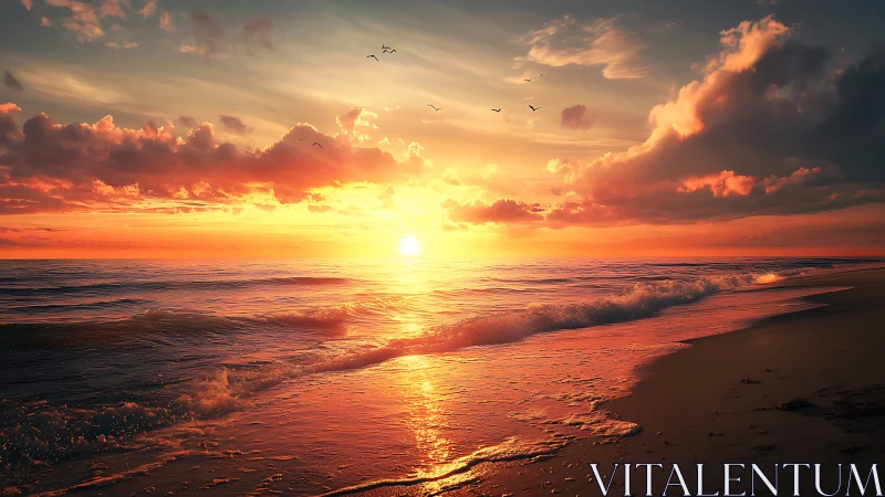 Radiant ocean sunset over glowing shoreline waves.