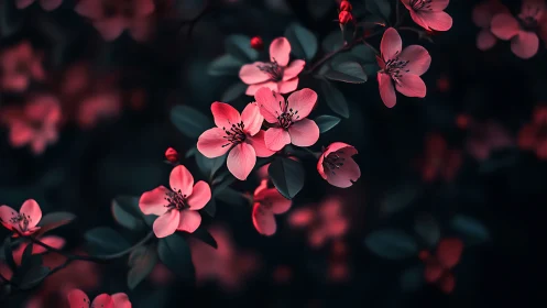 Noctilucent Blossom Clusters: Crimson Petals Against Crepuscular Foliage.