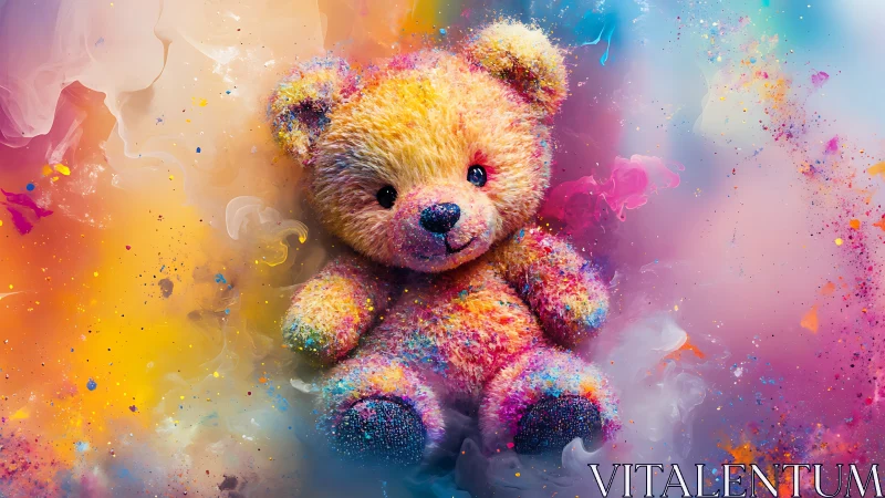 Color-splashed teddy bear glows softly in a dreamy rainbow haze