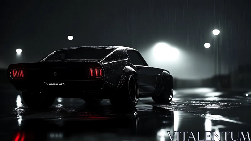 Rear view shows black muscle car on wet road at night
