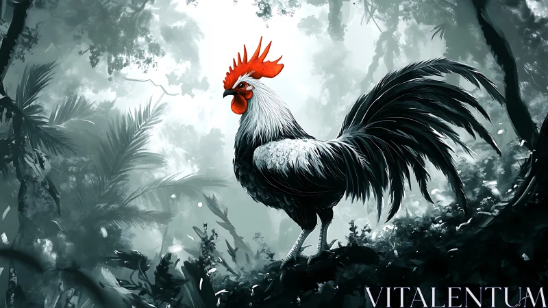 Majestic rooster stands defiant in misty forest realm.