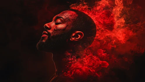 Digital portrait profile in red smoke halo with embedded roses