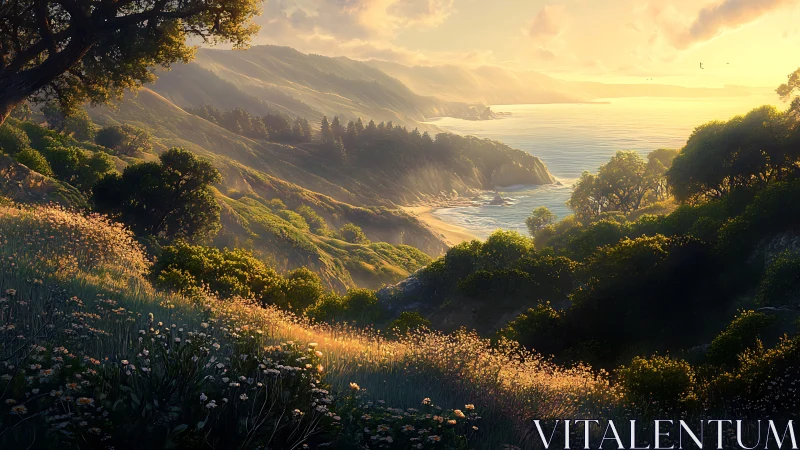 Sunlit coastal hills and wildflower meadow at golden hour.