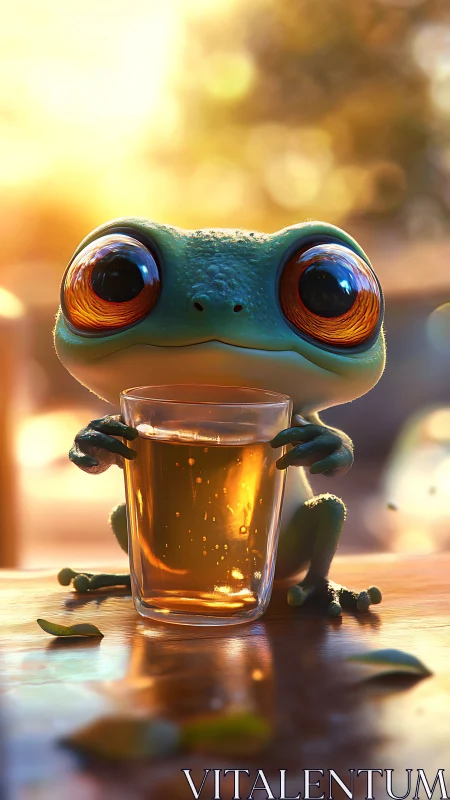 Wide-eyed cartoon frog cradles a glowing drink at sunset