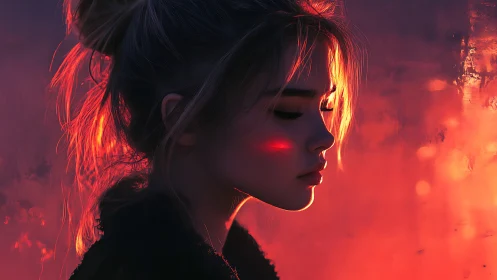 Emberlit daydreamer in neon dusk glow, eyes turned inward.