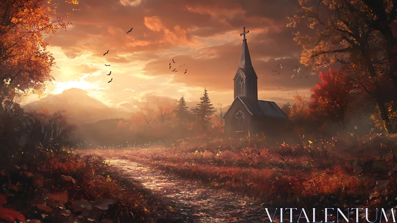 Sunset-lit country chapel amid misty crimson autumn woods.