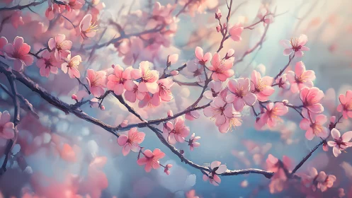 Cherry Blossom Branches with Soft Focus Atmospheric Bokeh Rendering.
