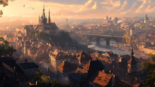 Golden-hour fantasy city with river bridges and tall spires.