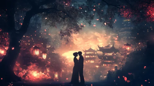 Silhouetted Couple Amidst Incandescent Particles Against Oriental Architecture.