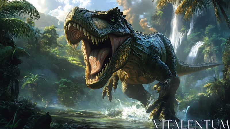 Roaring jungle T. rex splashing through a misty waterfall valley.
