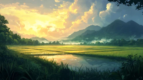 Sunlit rice fields before distant blue mountains at dusk.