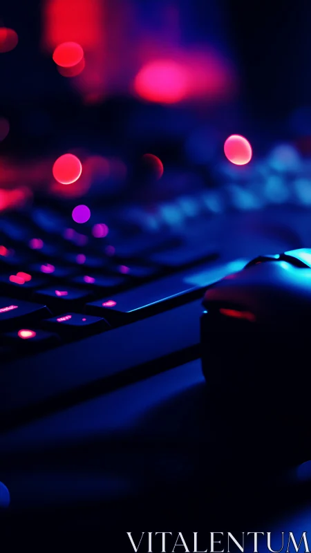 Neon-lit gaming keyboard and mouse glow in cozy darkness
