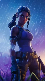 Armed female soldier stands in rain with intense focus.