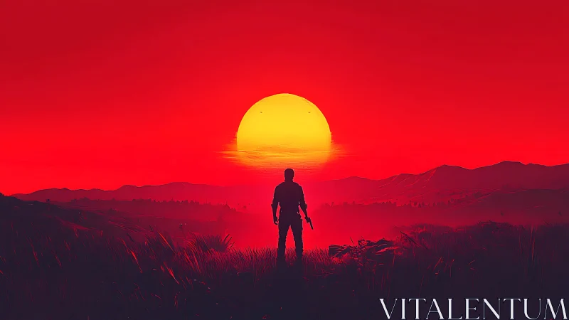 Silhouetted armed figure studies hyper-saturated red sunset horizon