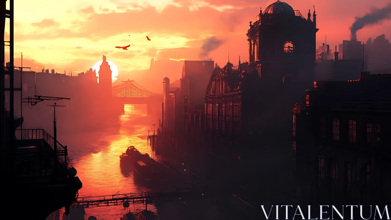 Industrial river city at low sun with silhouetted buildings.