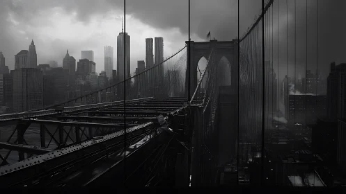 Suspension bridge spans urban skyline under overcast clouds