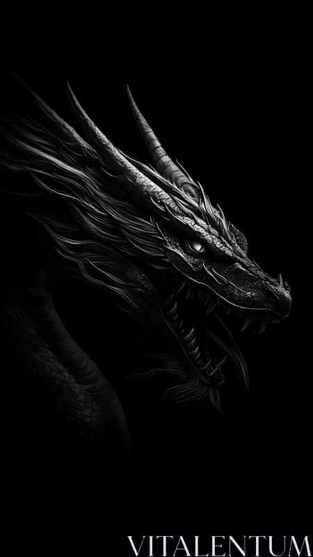 Monochrome dragon profile with razor scales in deep shadow.