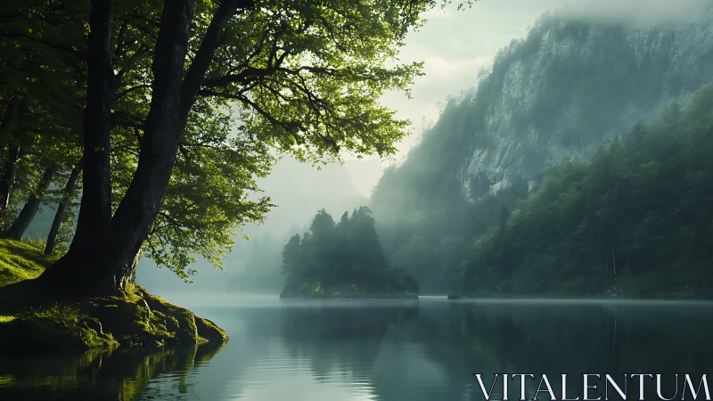 Mist-kissed forest lake cradled beneath silent stone cliffs.