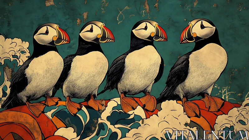 Four Puffins on Waves in Japanese Woodblock Art Style.