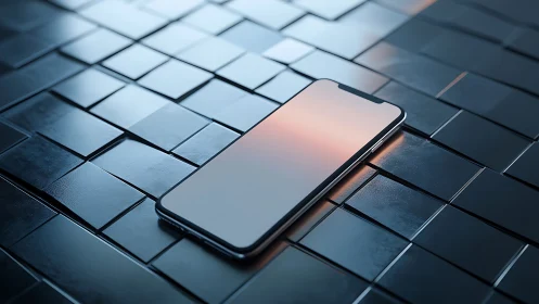 Sleek smartphone adrift on glimmering metallic tile sea.