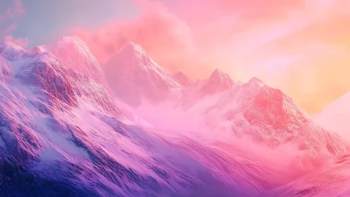 Sunlit pink mountains glow gently in a dreamy winter sky