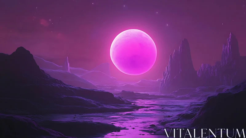 Neon moon rises over alien canyon in glowing violet haze