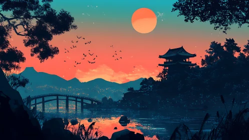 Sunlit pagoda and bridge silhouette in neon dusk landscape.