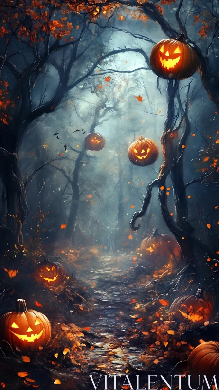 Nocturnal jack-o-lantern corridor in misted deciduous forest.