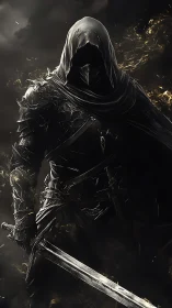 Dark hooded swordsman in burning shadow armor illustration.