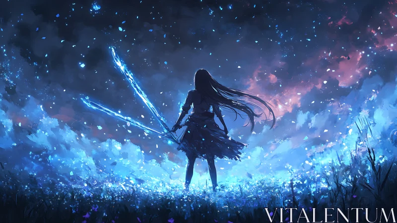 Silhouetted figure with twin blue blades under night sky.