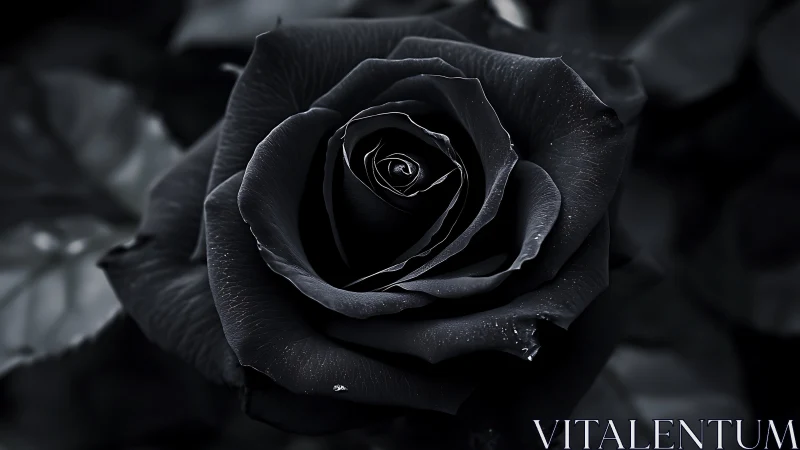 Monochrome macro study isolates a dewy black rose bloom precisely
