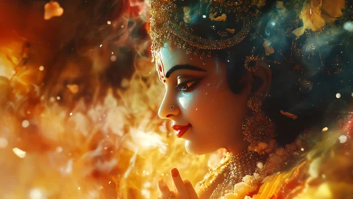 Radiant goddess statue glows gently in swirling golden light