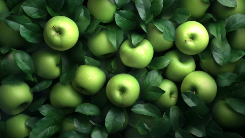 Green apples cluster under dense glossy foliage canopy.