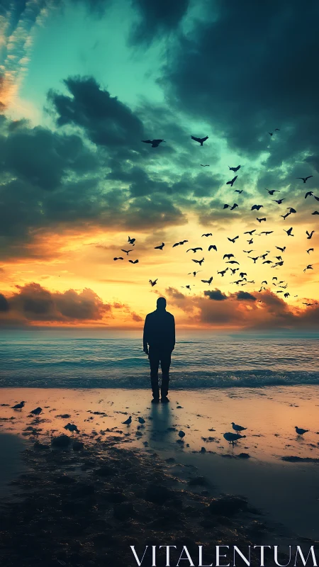 Solitary dreamer watches seabirds stitch the blazing sky.