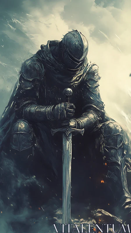 Weathered knight rests quietly with sword in drifting mist