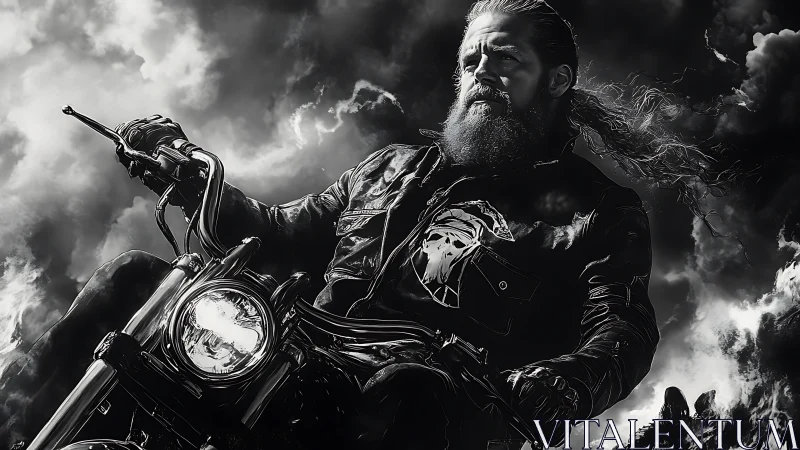 Bearded biker rides motorcycle through storm clouds at speed.