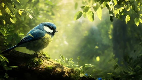 Blue tit perched on mossy branch in sunlit forest, digital art.