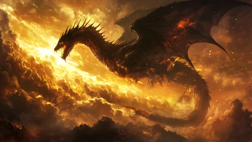 Infernal dragon silhouette soaring through molten storm clouds.
