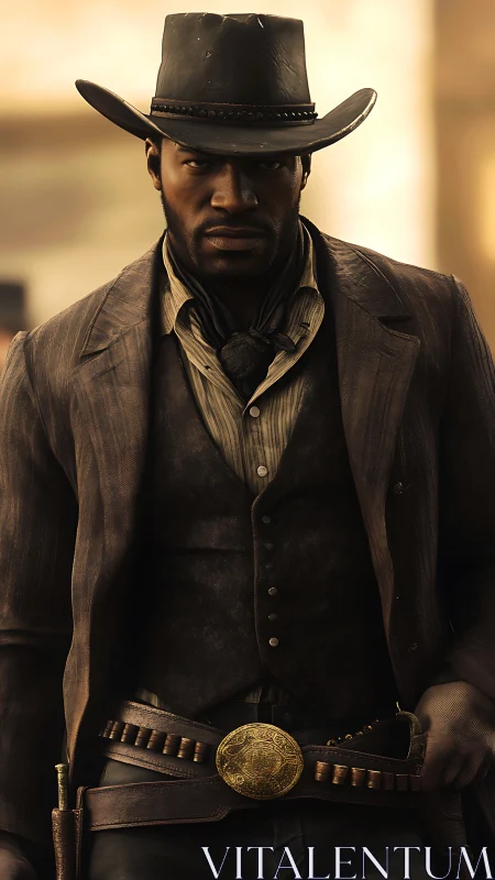 Determined cowboy in weathered leather coat and hat.